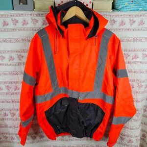 HH Workwear Hi Vis Reflective Rain Jacket Hooded Orange Safety Coat L